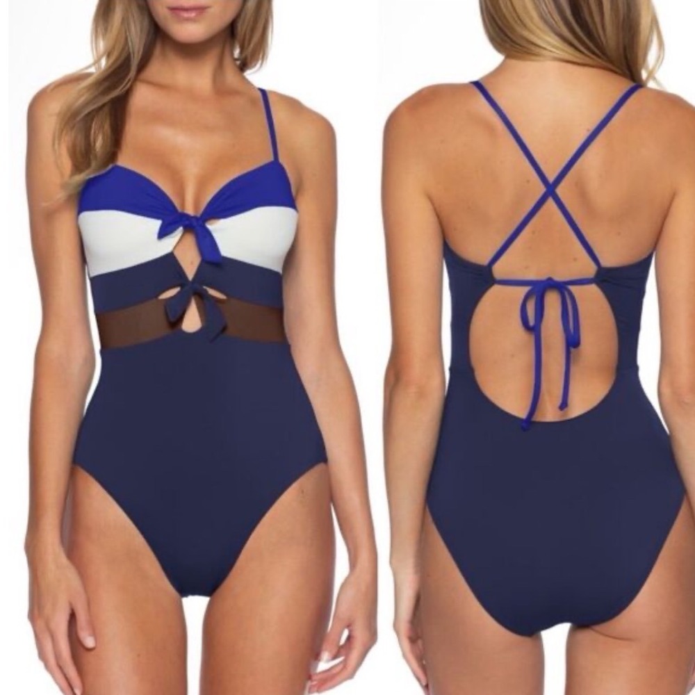 BECCA Circuit Colorblock One Piece Swimsuit Navy Blue White Brown Strappy Bows